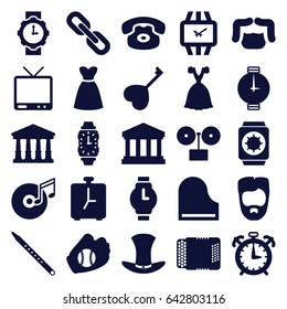 Classic icons set. set of 25 classic filled icons such as court, man hairstyle, dress, heart key, tv, piano, musical pipe, harmonic, disc and music note, hat, court building