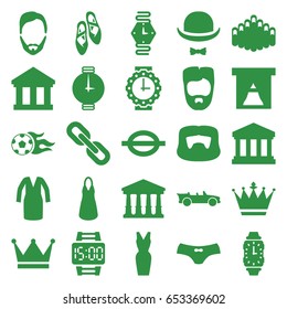 Classic icons set. set of 25 classic filled icons such as court, man hairstyle, crown, female underwear, dress, music note, harmonica, hat and moustache, cabriolet