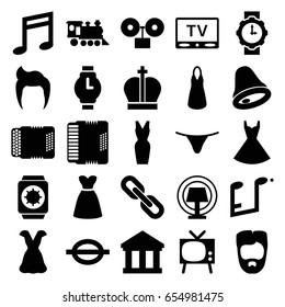 Classic icons set. set of 25 classic filled icons such as man hairstyle, female underwear, dress, locomotive, music note, harmonic, tv, table lamp, chain, wrist watch
