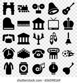Classic icons set. set of 25 classic filled icons such as greek column, arch, man hairstyle, dress, locomotive, heart key, tv, piano, guitar, harmonica, disc and music note