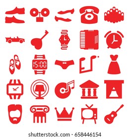 Classic icons set. set of 25 classic filled icons such as greek column, man hairstyle, man shoe, shoe, female underwear, dress, heart key, bank, guitar, harmonic, harmonica