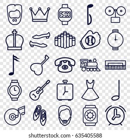 Classic icons set. set of 25 classic outline icons such as man hairstyle, shoe, dress, locomotive, heart key, music note, guitar, harmonica, disc and music note, wrist watch