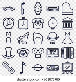 Classic icons set. set of 25 classic outline icons such as man hairstyle, shoe, dress, board, music note, record player, piano, harmonic, desk phone, hat and moustache