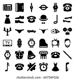 Classic icons set. set of 36 classic filled icons such as greek column, desk phone, man hairstyle, no wash, man shoe, shoe, female underwear, dress, music note, piano