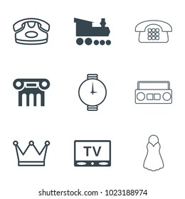 Classic icons. set of 9 editable filled and outline classic icons such as tv, desk phone, crown, wrist watch, greek column, dress, locomotive