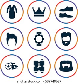 classic icons set. Set of 9 classic filled icons such as man hairstyle, man shoe, dress, football ball, wrist watch for woman, alarm