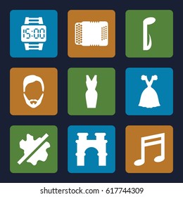 Classic icons set. set of 9 classic filled icons such as arch, man hairstyle, no wash, dress, music note, harmonic