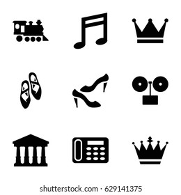 Classic icons set. set of 9 classic filled icons such as court, crown, shoe, desk phone, locomotive, music note, ballet shoes