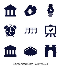 Classic icons set. set of 9 classic filled icons such as arch, board, harmonica, music note, court building, baseball glove, wrist watch, alarm