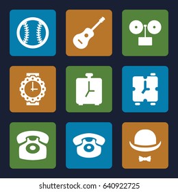 Classic icons set. set of 9 classic filled icons such as desk phone, guitar, hat and moustache, baseball, wrist watch for woman, alarm