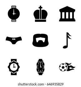 Classic icons set. set of 9 classic filled icons such as man hairstyle, female underwear, music note, court building, football ball, wrist watch for woman, wrist watch