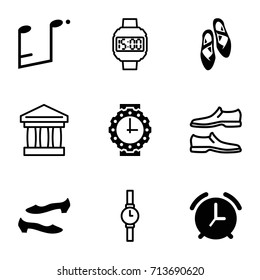 Classic icons set. set of 9 classic filled and outline icons such as shoe, ballet shoes, wrist watch for woman, alarm, man shoe, music note, wrist watch, wrist dial watch