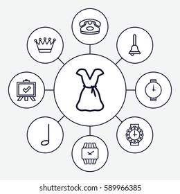 classic icons set. Set of 9 classic outline icons such as desk phone, crown, dress, board, music note, bell, wrist watch for woman