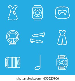 Classic icons set. set of 9 classic outline icons such as man hairstyle, shoe, dress, harmonic, music note, table lamp, wrist dial watch