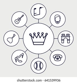 Classic icons set. set of 9 classic outline icons such as arch, man hairstyle, crown, shoe, heart key, guitar, music note, baseball