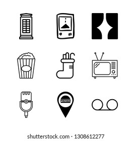 classic icons set with burger marker, curtain and games machine vector set