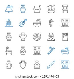 classic icons set. Collection of classic with bank, fountain pen, wedding dress, vase, bathtub, baseball, wake up, plato, vinyl, guitar, chair. Editable and scalable classic icons.