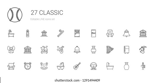 classic icons set. Collection of classic with bathtub, clown, guitar, alarm clock, armchair, harp, vase, bell, saxophone, gramophone, parthenon. Editable and scalable classic icons.