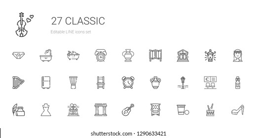 classic icons set. Collection of classic with beer pong, armchair, guitar, museum, fountain, wedding dress, ink pen, street lamp, vase, alarm clock. Editable and scalable classic icons.