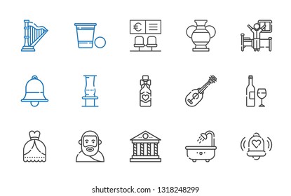 classic icons set. Collection of classic with bell, bathtub, parthenon, plato, wedding dress, wine bottle, ukelele, vase, wake up, bank, beer pong. Editable and scalable classic icons.