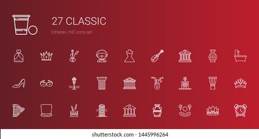 classic icons set. Collection of classic with clown, vase, bank, phone booth, drum, top hat, harp, saxophone, parthenon, column, street lamp. Editable and scalable classic icons.