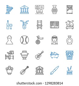 classic icons set. Collection of classic with drum, fountain pen, bank, ukelele, vase, column, bathtub, guitar, wake up, muse, unicycle, baseball. Editable and scalable classic icons.