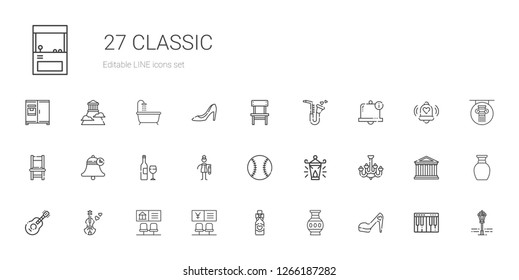 classic icons set. Collection of classic with high heels, vase, wine bottle, bank, violin, guitar, chandelier, oil lamp, baseball, bast, bell. Editable and scalable classic icons.