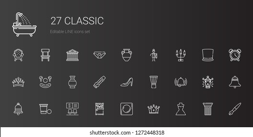 classic icons set. Collection of classic with wedding dress, crown, record, wake up, bank, beer pong, bell, drum, high heels, flute, vase. Editable and scalable classic icons.