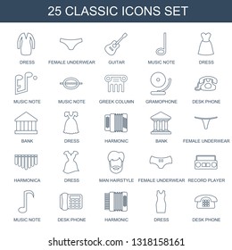 classic icons. Trendy 25 classic icons. Contain icons such as dress, female underwear, guitar, music note, Greek column, gramophone, desk phone. classic icon for web and mobile.