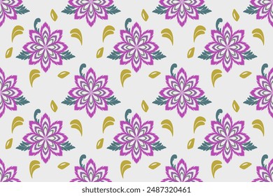 Classic ikat pattern, pink flowers, green leaves. Geometric seamless. Illustration, vector.