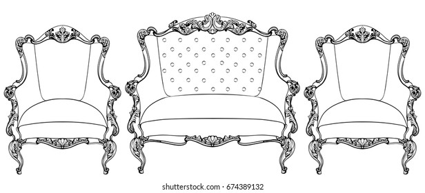 Classic Imperial Baroque armchair set with luxurious ornaments. Vector French Luxury rich intricate structure. Victorian Royal Style decor