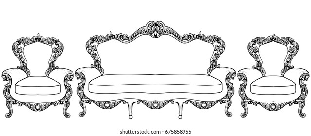 Classic Imperial Baroque armchair set with luxurious ornaments. Vector French Luxury rich intricate structure. Victorian Royal Style decor