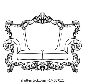 Classic Imperial Baroque sofa with luxurious ornaments. Vector French Luxury rich intricate structure. Victorian Royal Style decor