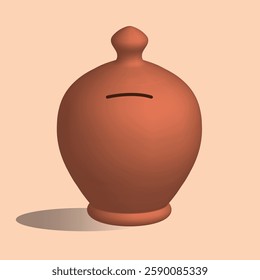 A classic Indian earthen piggy bank, known as "Gullak," used for saving coins and small savings. This traditional money-saving jar is made of clay and has a simple slot for inserting money.