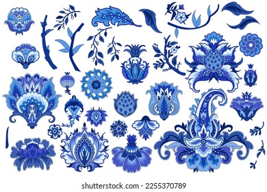 Classic Indian flower in decorative style for textile and prints, vector elements, vintage. Blue color palette