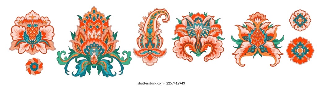 Classic Indian flower in decorative style for textile and prints, vector elements, vintage