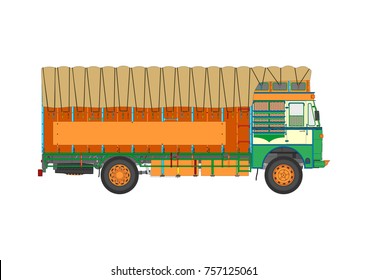 Classic Indian jingle truck. Flat vector.