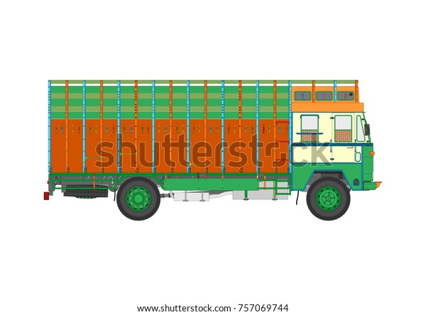 Classic Indian jingle
truck. Flat vector.