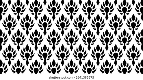 Classic Indonesian-inspired black and white motif resembling batik with teardrop floral repetition.