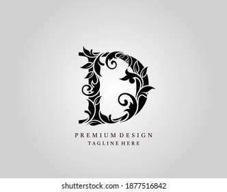 Classic Initial D Letter logo design, elegant floral ornate monogram design vector.