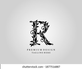 Classic Initial R Letter logo design, elegant floral ornate monogram design vector.