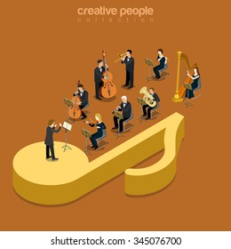 Classic Instrumental Orchestra Concert Flat 3d Isometry Isometric Music Show Concert Concept Web Vector Illustration. Micro Classical Musician Band Playing On Huge Note. Creative People Collection.