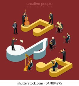 Classic instrumental orchestra concert flat 3d isometry isometric music show concert concept web vector illustration. Micro classical musician band playing on huge notes. Creative people collection.