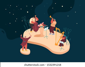 Classic Instrumental Symphony Orchestra Concert. People Musicians Characters Playing Music with Instruments Performing on Stage with Violin, Cello, Trumpet, Harp Performance. Flat Vector Illustration