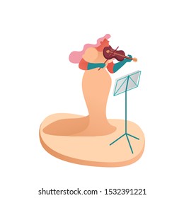 Classic Instrumental Symphony Orchestra Concert. People Musician Character Playing Music with Instruments Performing on Stage with Harp Performance. Cartoon Flat Vector Illustration