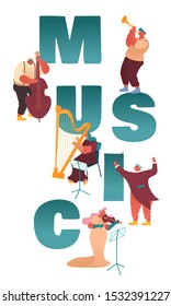 Classic Instrumental Symphony Orchestra Concert. People Musicians Characters Playing Music with Instruments Performing on Stage with Violin, Cello, Trumpet, Harp Performance. Flat Vector Illustration