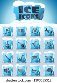 classic instruments vector icons frozen in transparent blocks of ice