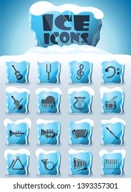 classic instruments vector icons frozen in transparent blocks of ice
