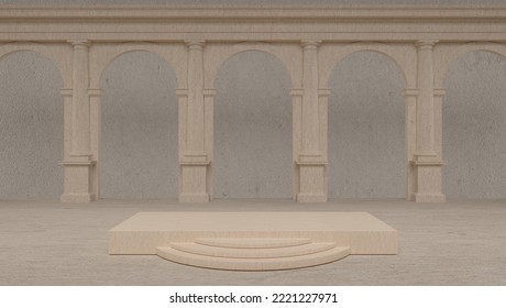 Classic interior with arches and columns, 3D rendering Product display, abstract  box pink white Bright abstract mockup Illustration concrete olimpo Athens