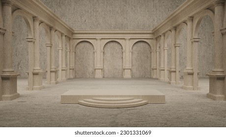 Classic interior with arches and columns, 3D rendering Product display, abstract box pink white Bright abstract mockup Illustration concrete olimpo Athens